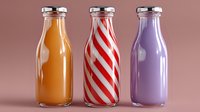 Glass bottles with colorful drinks - orange juice, red striped peppermint, and purple berry smoothie on pink background. Fresh beverages in retro milk bottle style.