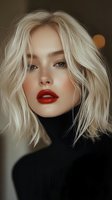 Young Asian woman with platinum blonde hair and red lipstick wearing black turtleneck sweater against dark background, close-up beauty portrait with soft lighting.