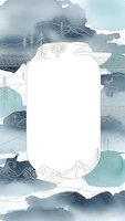 Watercolor winter landscape frame with deer, mountains, trees and geometric patterns in blue tones. Blank space for text or design elements.
