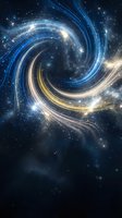 Cosmic spiral galaxy with swirling blue and golden light streams against starry space background for astronomy and science fiction projects.