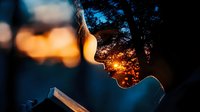 Young woman reading book at sunset, silhouette profile against golden sunlight through trees creates dreamy atmosphere, steam rising from hot drink adds mystical mood.