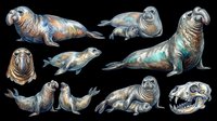 Watercolor elephant seals collection, isolated on transparent background. Includes pups, adults, skull, and poses. Great for stickers, clipart, t-shirt design, and print on demand.