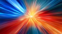 Vibrant starburst pattern with dynamic light rays in blue, orange and red creating dramatic radial motion effect against dark background for abstract designs.
