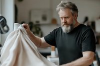 Senior Caucasian man with gray beard wearing black t-shirt examining white fabric or textile material in home workshop or studio setting. Natural lighting creates soft atmosphere.