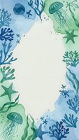 Watercolor ocean frame with coral, jellyfish and starfish in blue and green tones. Marine border design for invitations, cards and coastal themed projects.
