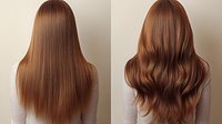 Long brown hair before and after styling comparison showing straight and wavy hairstyles on female model wearing white top, back view for beauty and haircare concepts.