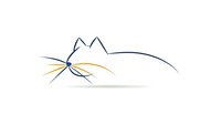 Minimalist line art of cat silhouette with blue eyes and orange whiskers, elegant feline profile for pet care branding.