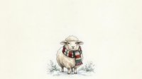 Cute sheep wearing knitted hat and plaid scarf standing in snow, winter holiday greeting card and seasonal decoration artwork.