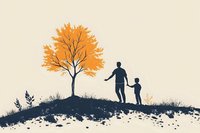 Silhouette of father and son standing on hill against autumn tree with golden foliage, minimalist illustration on beige background.