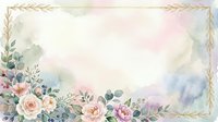 Soft watercolor floral frame with pastel roses, eucalyptus, and gold border on a dreamy background, perfect for wedding invitations and cards.