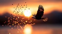 Majestic eagle soaring at golden sunset with flock of birds flying over serene lake. Dramatic orange sky with warm sunlight creating peaceful nature scene.