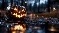 Glowing carved pumpkin with scary face in dark rainy forest at night, illuminated jack o lantern with water reflections creating spooky Halloween atmosphere.