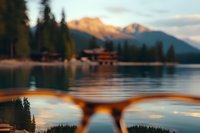 Mountain lake landscape viewed through sunglasses lens with cabin reflections in water during golden hour sunset, creating dreamy bokeh effect and peaceful wilderness scene.