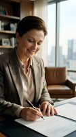 Middle-aged woman, Caucasian ethnicity, business professional, signing documents at desk in modern high-rise office with city skyline view, leather furniture and bookshelves visible.