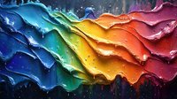 Vibrant rainbow waves of thick paint create dynamic textured layers with drips and peaks, flowing in diagonal motion against dark background. Macro abstract art photography.
