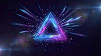 Neon triangle with glowing rays and particles on dark background. Futuristic geometric design for digital art, gaming interfaces, and modern graphics.