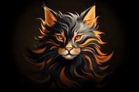 Majestic maine coon cat portrait with glowing orange eyes and flowing black fur against dark background, artistic digital illustration for wall art and prints.