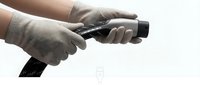 Professional hands holding black hair styling tool for salon treatment and beauty care routine on clean white background.