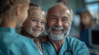 Heartwarming moment between senior male medical professional in scrubs with gray beard sharing a joyful smile with young female patient, representing healthcare, trust and positive patient care.