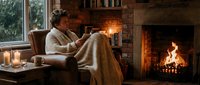 Young woman reading book by cozy fireplace in comfortable armchair with warm blanket and candles creating peaceful winter evening atmosphere at home.