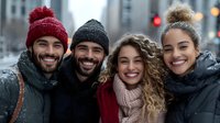 Diverse group of young friends enjoying winter day in city, wearing cozy knit hats and scarves, sharing genuine laughter and joy while taking selfie outdoors.