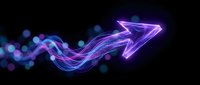 Neon glowing arrow pointing upward with flowing purple and blue light trails on dark background, representing growth, progress, success and forward momentum.