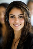 Young Mediterranean woman wearing headphones and black blazer smiling at camera with bright white teeth and natural makeup in office environment.
