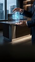 Businessman holding glowing digital network hologram in modern office with city view background representing technology innovation and connectivity solutions.