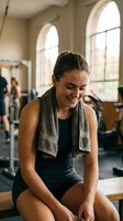 Young Caucasian woman resting after workout in modern gym with towel around neck, smiling and relaxing on bench during fitness training session.