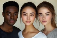 Three young women of diverse ethnicities posing together against neutral background. African descent female with short dark hair wearing black shirt, Asian descent female with long dark hair in white top, and Caucasian descent female with long blonde hair in gray shirt. Studio portrait for diversity, beauty, and lifestyle concepts.