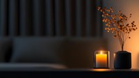 Glowing candle in glass holder and dried flowers in vase on dark surface against blurred background, creating cozy atmospheric evening ambiance.