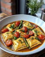 Fresh ravioli pasta with cherry tomatoes and herbs in savory broth served in white bowl on wooden table for gourmet dining and Italian cuisine recipes.