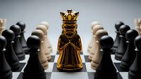 Golden king chess piece standing prominently among black and white pawns on chessboard, symbolizing leadership, strategy and business dominance.