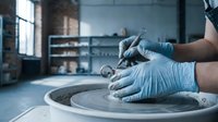 Potter hands in blue gloves shaping clay on spinning wheel in ceramic studio workshop. Traditional craftsmanship and artisan pottery making process.