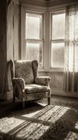 Vintage wingback armchair positioned by bay window with sheer curtains, sunlight streaming through frosted glass panes, creating shadows on worn wooden floor in abandoned interior space.