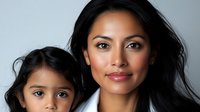 Young Hispanic mother and daughter with long dark hair and natural makeup smiling at camera against gray background, representing family bonds and maternal love.