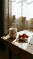 Steaming floral mug with fresh mixed berries on rustic wooden table by lace curtain window in warm morning light.