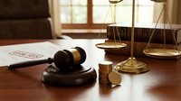 Wooden gavel with brass scales of justice on desk in courtroom setting with legal documents and coins representing law enforcement and judicial system.