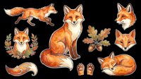 Cute red fox sticker set with multiple poses, autumn leaves, acorns, and paw, isolated on transparent background, ready for stickers, clipart, and t-shirt design.