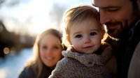 Happy Caucasian family with adorable baby in knit sweater enjoying warm outdoor moment together during golden hour sunset light creating intimate bonding experience.
