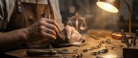 Skilled craftsman hands working with precision tools and brass scales in traditional workshop setting with warm lighting atmosphere.