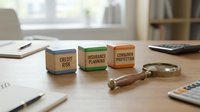 Financial planning concept with wooden blocks showing credit risk, insurance planning, and consumer protection on office desk with magnifying glass and documents.