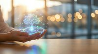 Hands holding glowing digital tree hologram with connected nodes and bokeh lights, representing growth, innovation, technology, and sustainable business development in modern workspace.