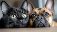 Close up portrait of black cat and brown French bulldog looking up with curious expressions, friendship between pets showing emotional connection and bonding.