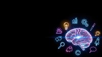 Glowing neon brain with colorful business and technology icons on black background representing artificial intelligence, innovation and digital transformation.