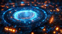 Futuristic glowing cyber circle with digital elements and orange light effects on dark background, representing advanced technology and innovation.