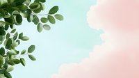 Fresh green leaves frame corner against soft pink and mint watercolor sky background, creating serene natural composition for wellness and lifestyle designs.