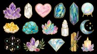 Watercolor crystals and gemstones clipart set isolated on transparent background, ready for stickers, t-shirt design, print on demand, and sublimation projects.