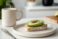 Fresh avocado toast with everything bagel seasoning on rustic sourdough bread served on speckled ceramic plate, steaming coffee cup in background.