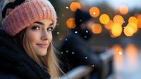 Young woman in pink knit beanie and black scarf smiling outdoors during winter evening with blurred bokeh lights and falling snow creating magical atmosphere.